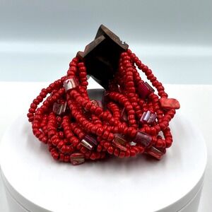 Vintage Red Multi Strand Beaded Bracelet Wooden Clasp Statement Chunky Boho